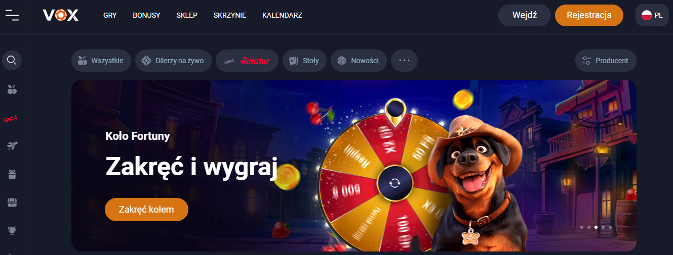Interfejs aplikacji Vox Casino z grami i bonusami